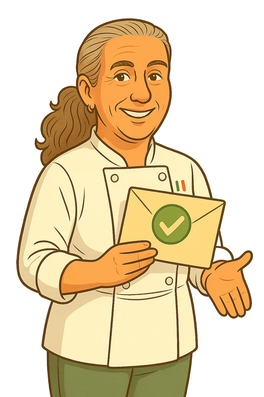 Hélène souriante et enveloppe verte